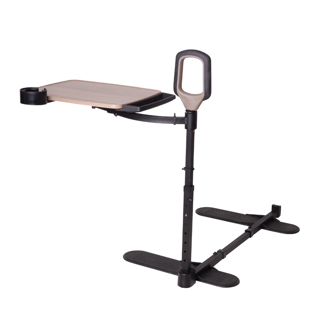The Stander Wonder Tray Premium offers a height-adjustable XL TV tray with a sturdy standing assist handle, cup holder, and flat base for stability—helping users stand safely from a seated position.